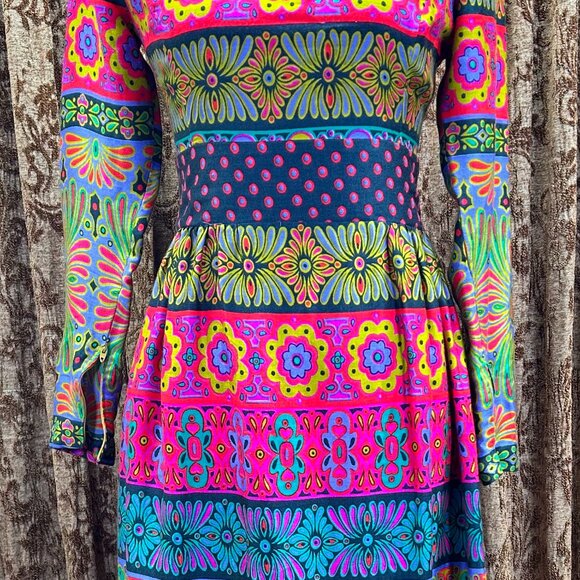 Alex Colman Dress 60s 70s Mod Hippie Psychedelic Vintage Maxi High Neck EUC - Picture 2 of 12